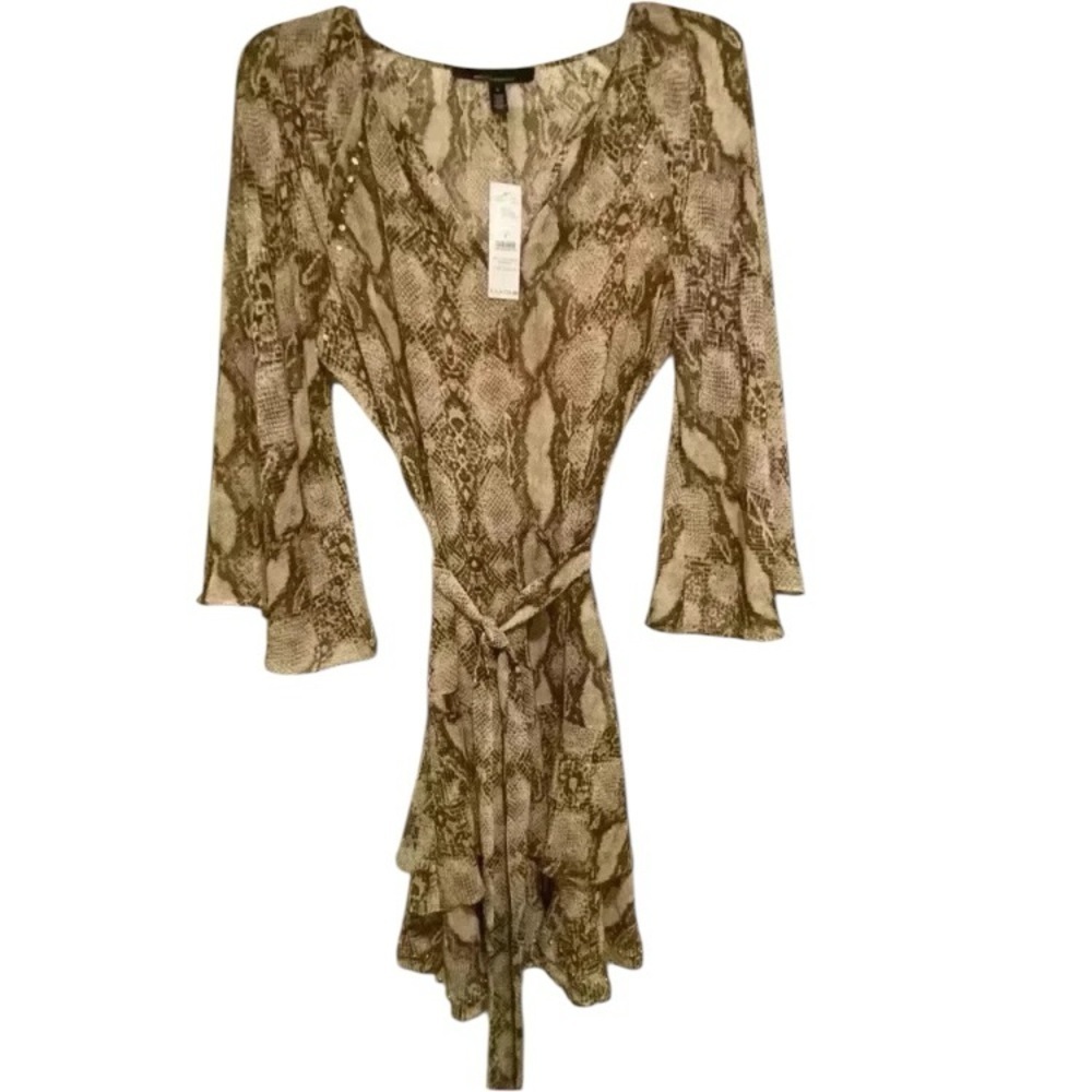 Women’s Snake Print Studded Ruffle Sheer Midi Dress WHBM small NEW